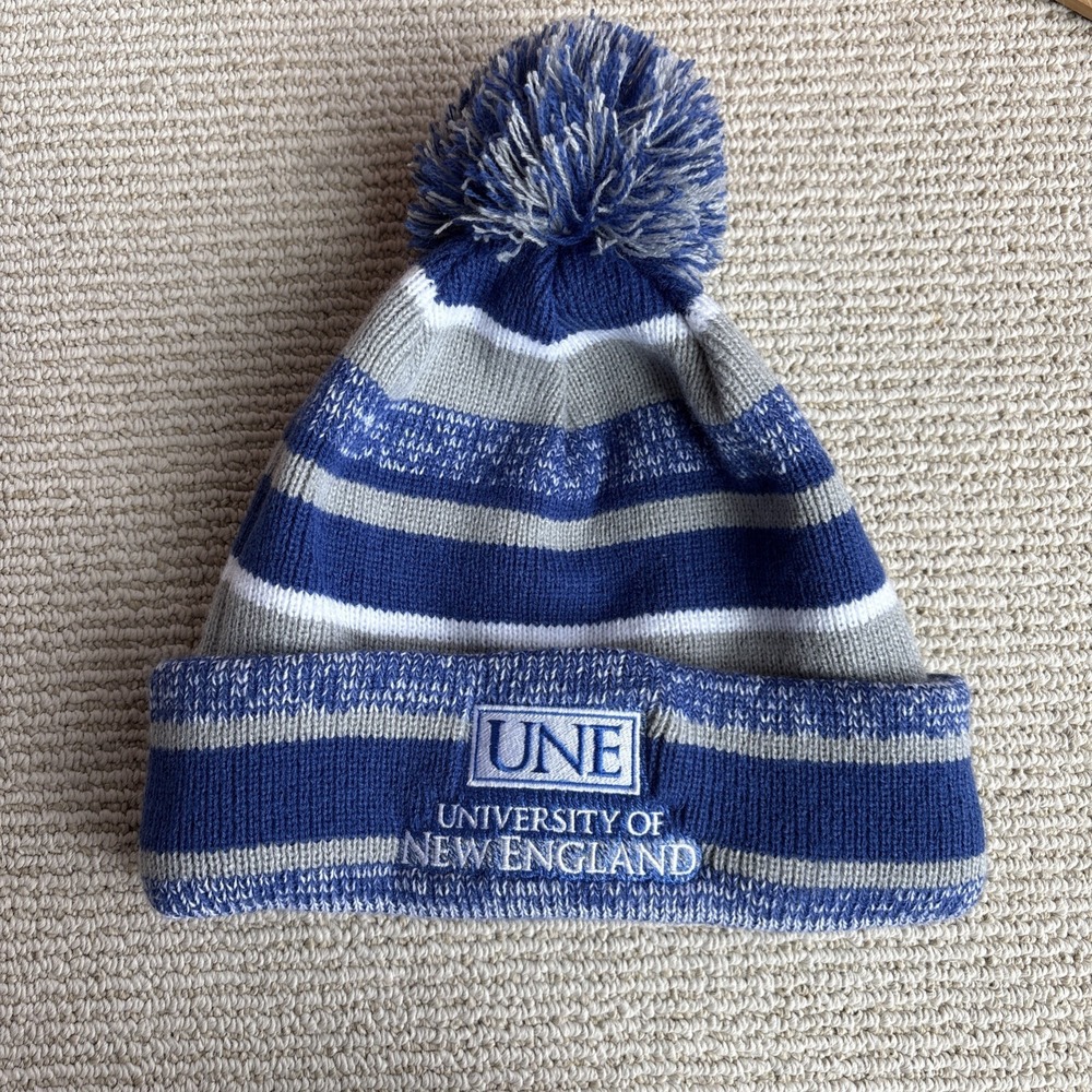UNE University of New England new era blue stripe winter pom-pom cap lined